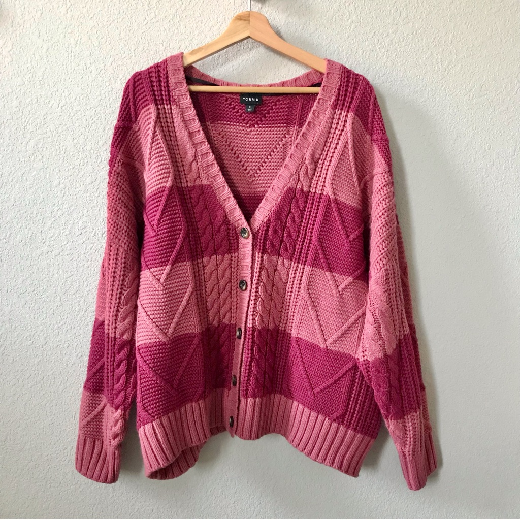Torrid Plus Pink Colorblock Stripe Cable Knit Cardigan V Neck Sweater Size 3x